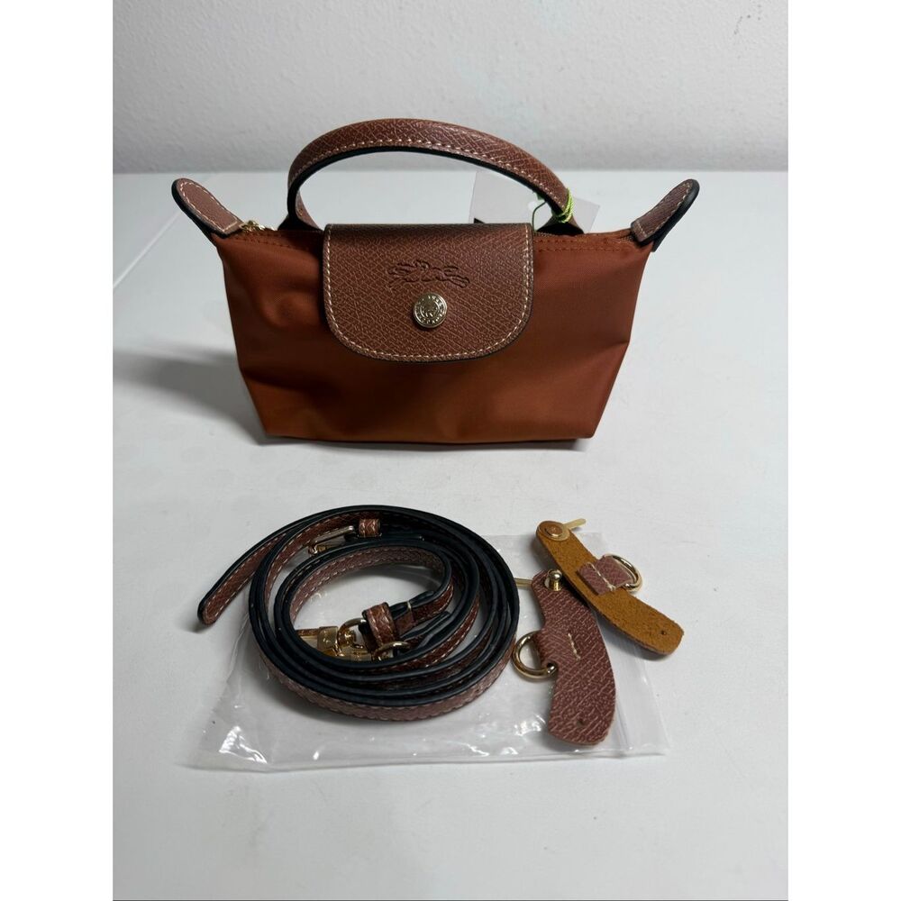 Longchamp Mini Le Pliage Cognac Brown Top Handle Bag + Strap - Picture 5 of 9